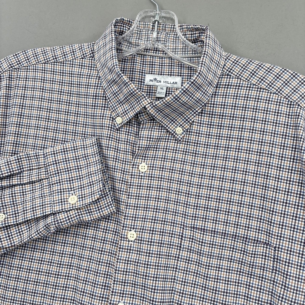 Peter Millar Shirt Men XL Blue Check Button Down Long Sleeve Stretch Performance